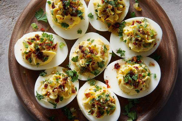 Pepperoncini shallot deviled eggs topped with sliced pepperoncini and herbs on a platter