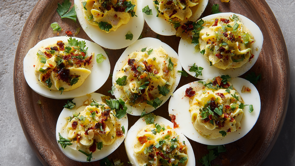 Pepperoncini shallot deviled eggs topped with sliced pepperoncini and herbs on a platter
