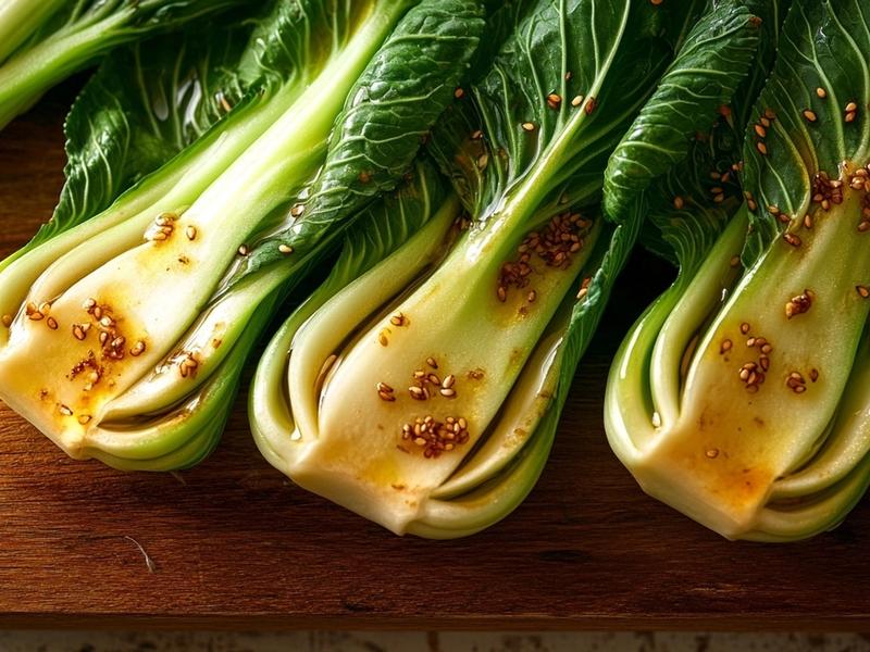 Trim the bok choy and halve any large heads lengthwise. Toss in toasted sesame oil so ever