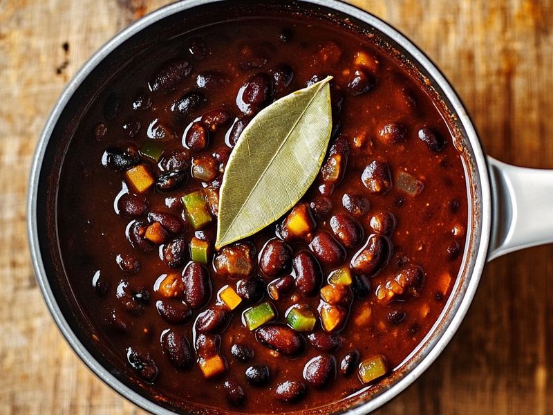 Glossy cumin-spiced black beans simmering in a saucepan with a bay leaf