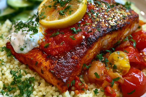 Moroccan Harissa Salmon with Herbed Couscous and Cucumber Yogurt