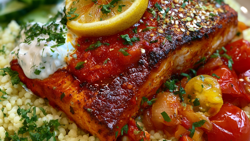 Moroccan Harissa Salmon with Herbed Couscous and Cucumber Yogurt