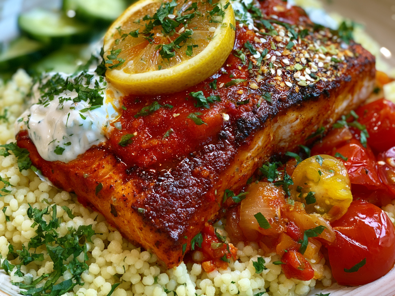 Finished Moroccan harissa salmon bowl with couscous, cucumber yogurt, herbs, and pomegranate seeds.