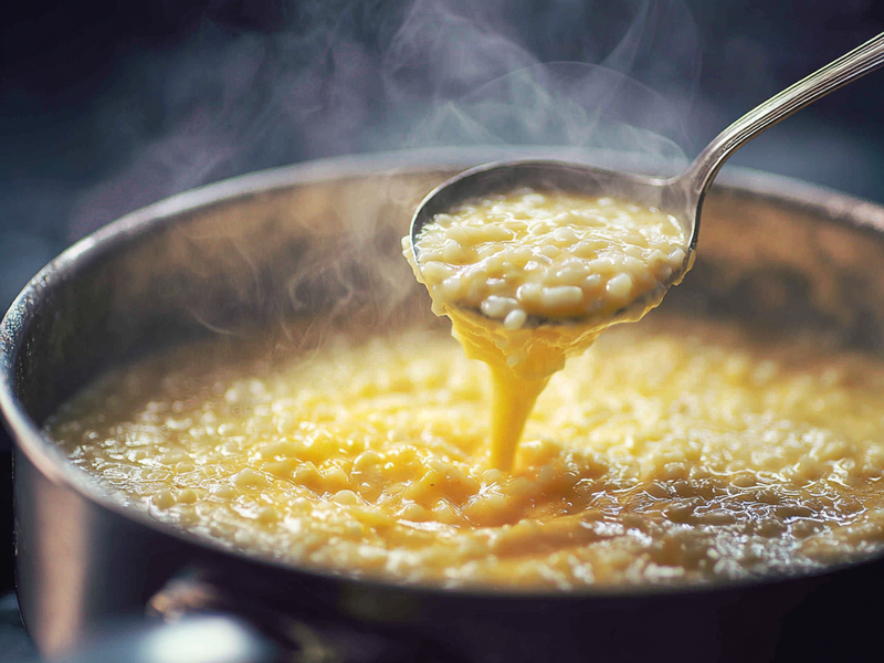 Stirring egg into pastina soup to create smooth, silky strands.
