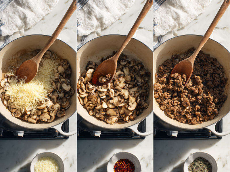 Collage showing weeknight bolognese variations including beef and pork mix, mushrooms added for depth, and crushed red pepper for heat