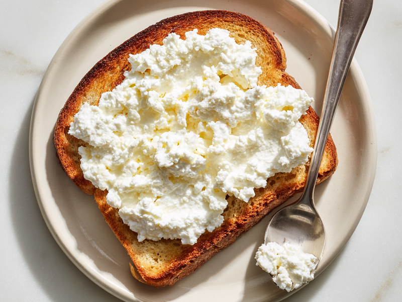Spreading cottage cheese over toast for a high-protein base