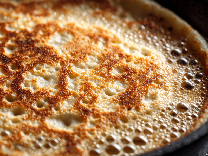 Cottage cheese flatbread cooking in skillet with bubbles forming