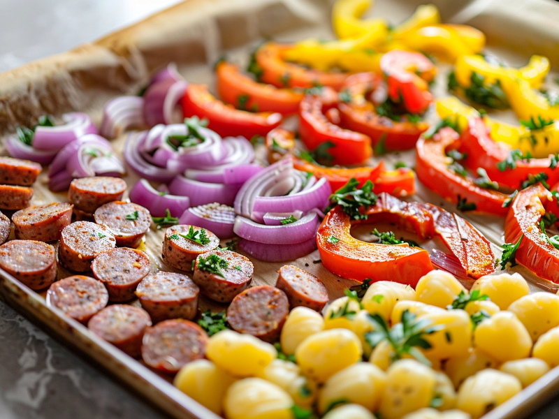Gnocchi, sausage, peppers, and onions added to a parchment-lined sheet pan
