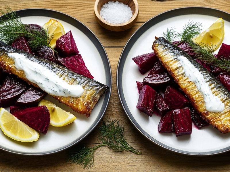 Crispy-skin mackerel on glazed beets and horseradish yogurt with dill and lemon