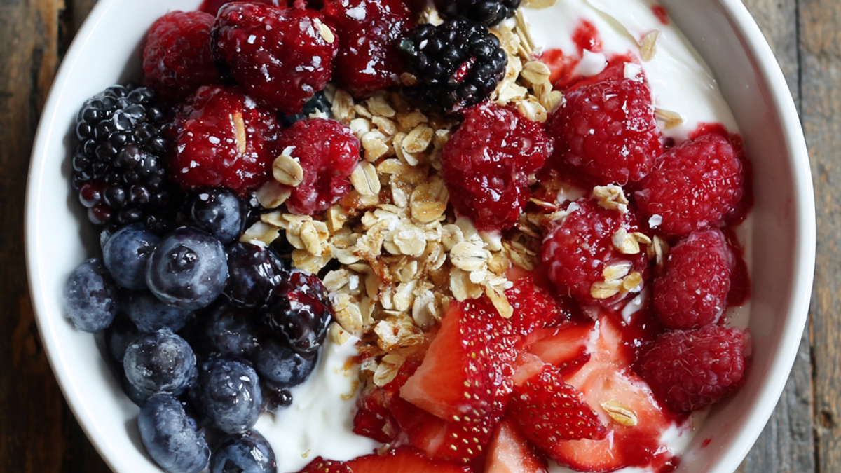 Greek yogurt bowl topped with fresh berries, granola, and honey, healthy high-protein breakfast