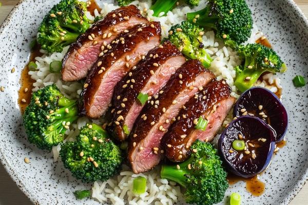 Five-Spice Duck Breast with Charred Plums and Sesame Greens