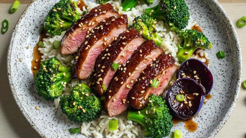 Five-Spice Duck Breast with Charred Plums and Sesame Greens