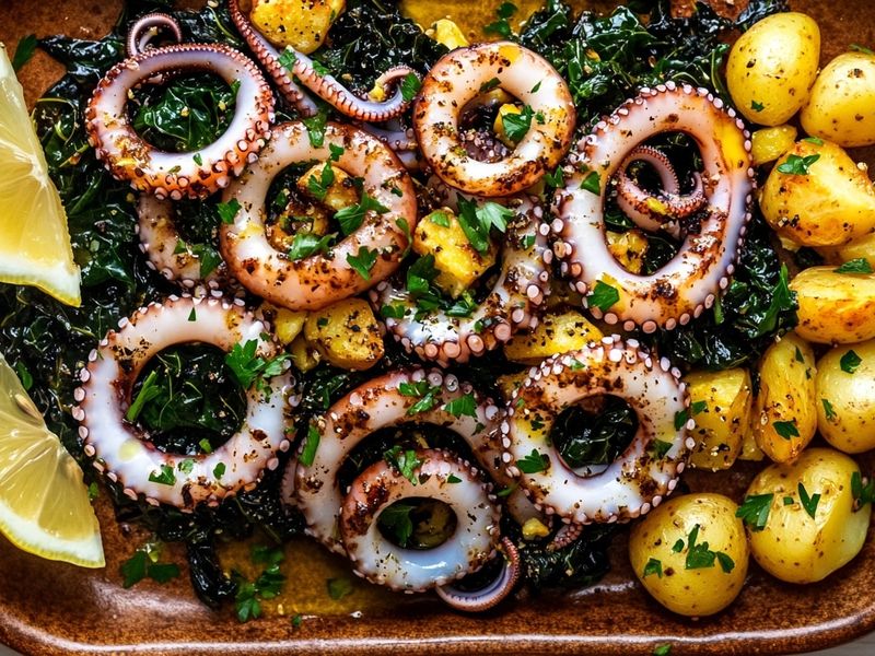 Charred squid piled over garlicky chard and crushed potatoes on a rustic platter with lemon wedges and parsley