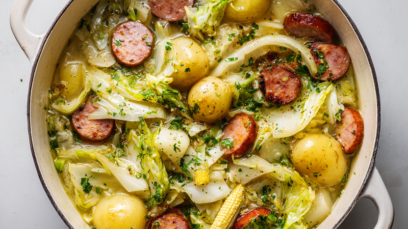 Cabbage boil with sausage, potatoes, corn, and tender cabbage in a pot