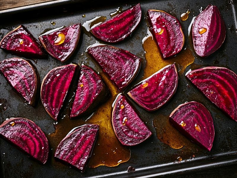 Roasted beet wedges glazed with honey and cider vinegar on a sheet pan