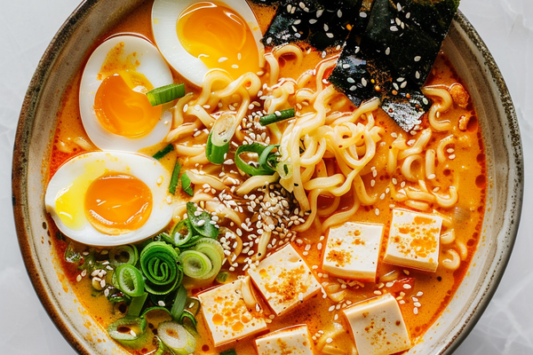 Creamy gochujang ramen soup with noodles, tofu, and soft-boiled egg in a bowl