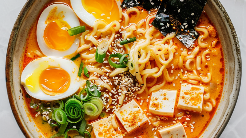 Creamy gochujang ramen soup with noodles, tofu, and soft-boiled egg in a bowl