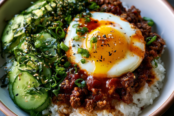 Korean gochujang beef bowl with rice, sesame cucumber salad, soft egg, and spring onions