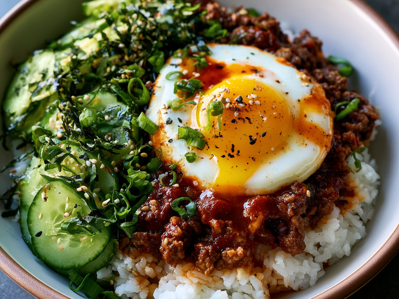 Finished Korean beef bowl topped with egg, spring onions, cucumber, and seaweed.