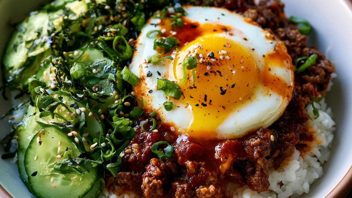 Korean gochujang beef bowl with rice, sesame cucumber salad, soft egg, and spring onions