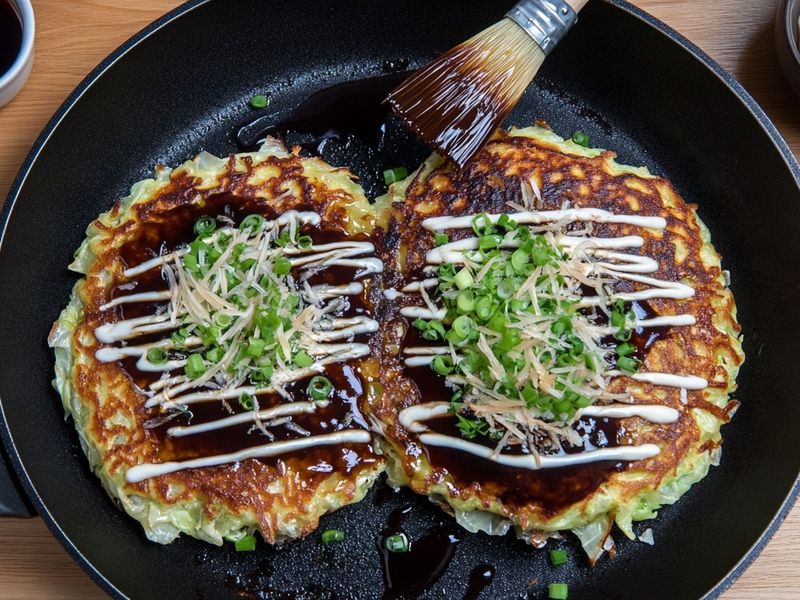 Okonomiyaki brushed with sauce, zigzagged with mayo and topped with bonito flakes