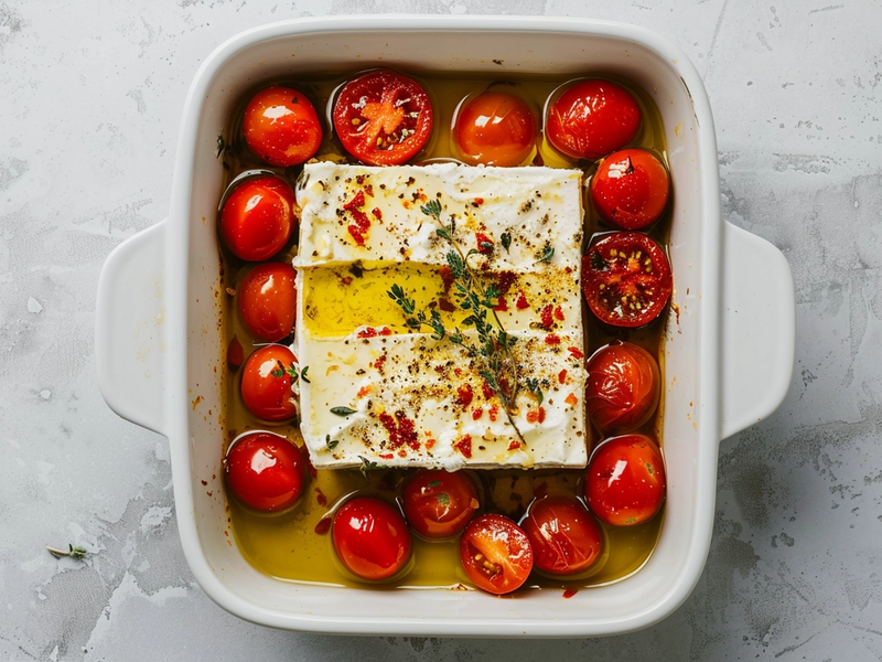 Block feta placed in the center of cherry tomatoes in a baking dish before roasting