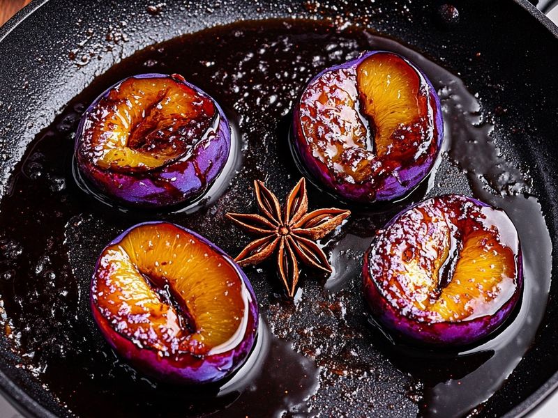 Plum halves caramelising cut-side down in a glossy honey soy glaze