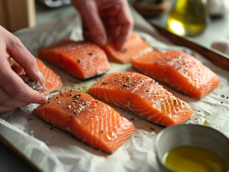 Seasoning salmon fillets on a baking sheet before cooking