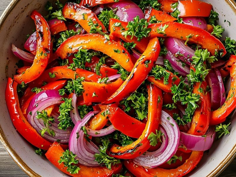 Roasted red pepper strips tossed with red onion and parsley