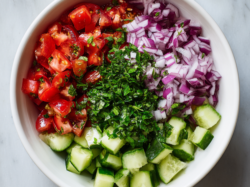 Fresh chopped parsley or mint added over the cucumber tomato salad mixture.