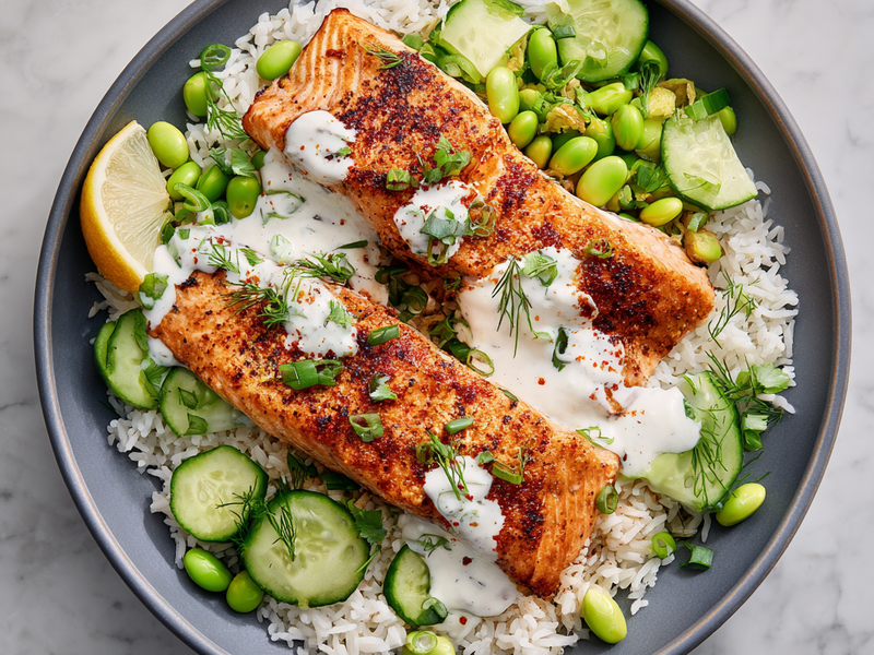 Spicy yogurt sauce drizzled over the salmon rice bowl.