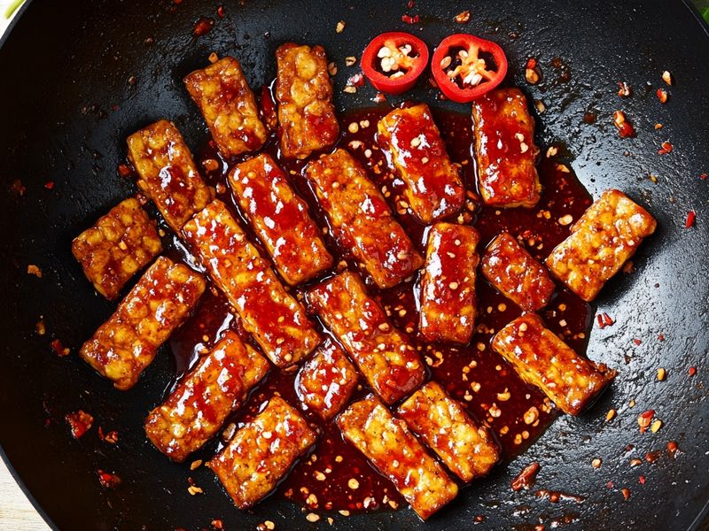 Crispy tempeh tossed through glossy red sambal in a wok