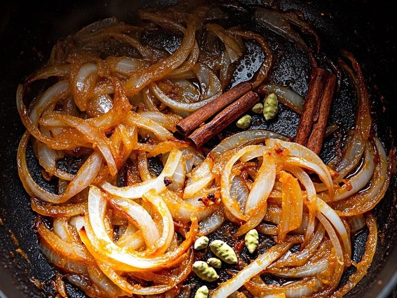 Heat the ghee in a heavy pot and drop in the cardamom, cloves, cinnamon and bay leaf until fragrant