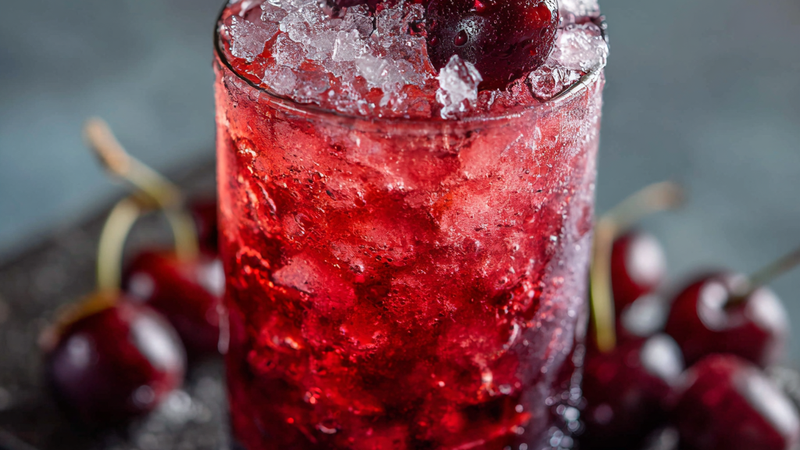 Sleepy girl mocktail in a glass with ice, tart cherry juice, and sparkling water