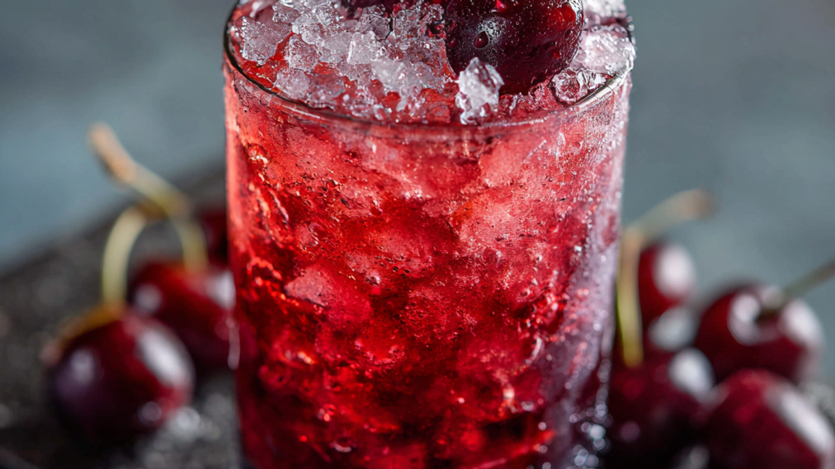 Sleepy girl mocktail in a glass with ice, tart cherry juice, and sparkling water