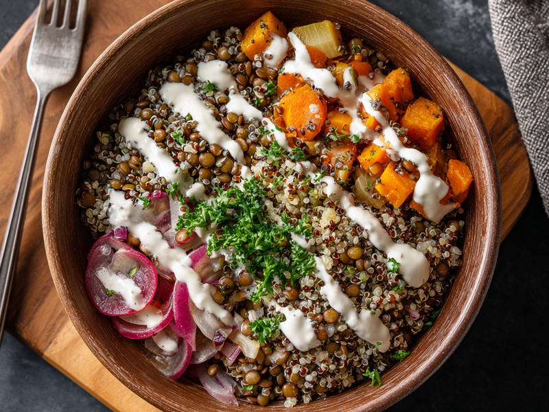 Finished lentil quinoa power bowl with yogurt tahini sauce ready to serve