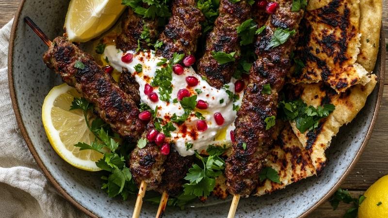 Spiced Lamb Kofta with Tahini Yogurt and Charred Flatbread