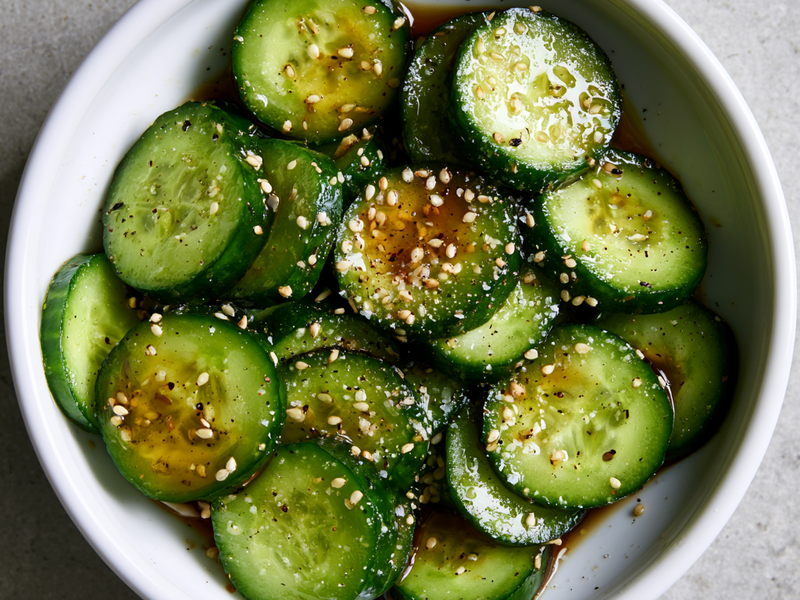 Thinly sliced cucumber tossed with rice vinegar, sesame oil, and sesame seeds.