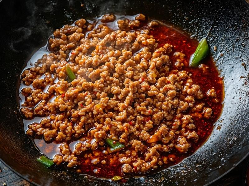 Toast the Sichuan peppercorns in a dry wok until fragrant and grind them, then brown the ground pork in the ch