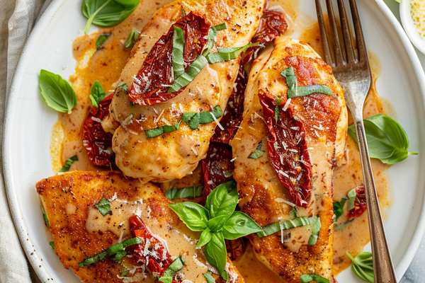 Marry me chicken in creamy sun-dried tomato parmesan sauce topped with basil in a skillet