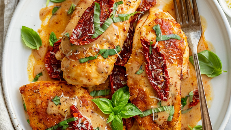 Marry me chicken in creamy sun-dried tomato parmesan sauce topped with basil in a skillet
