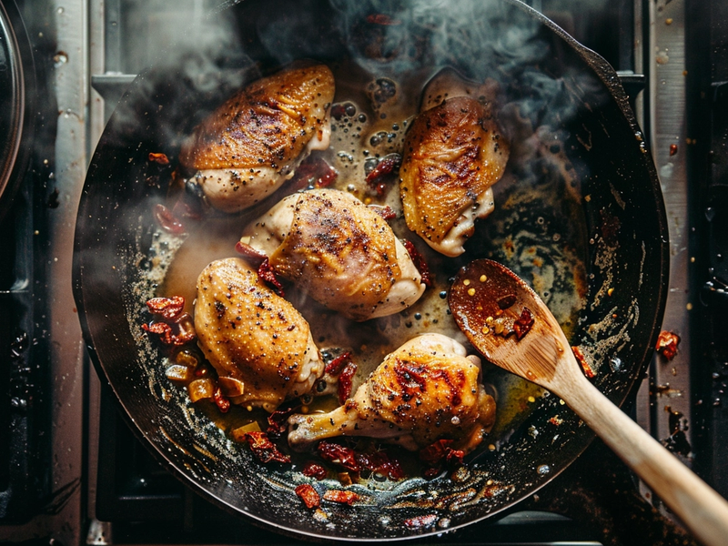 Chicken cutlets being pounded to an even thickness before cooking