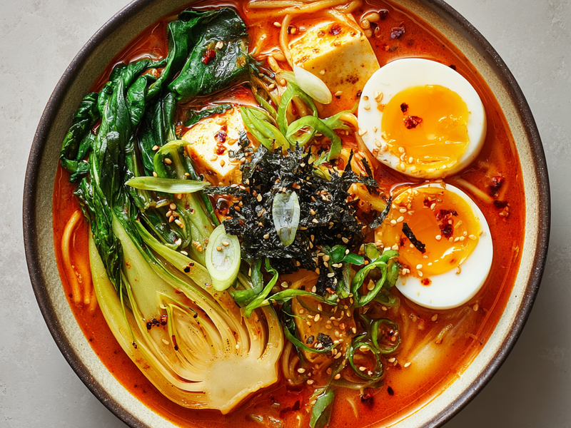 Bowl of creamy gochujang ramen with tofu and soft-boiled egg topped with scallions and sesame