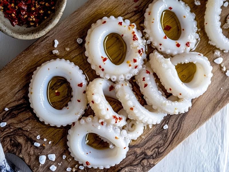 Raw uncooked pale white squid rings and tentacles glistening with olive oil on a wooden board before cooking, no char and no browning