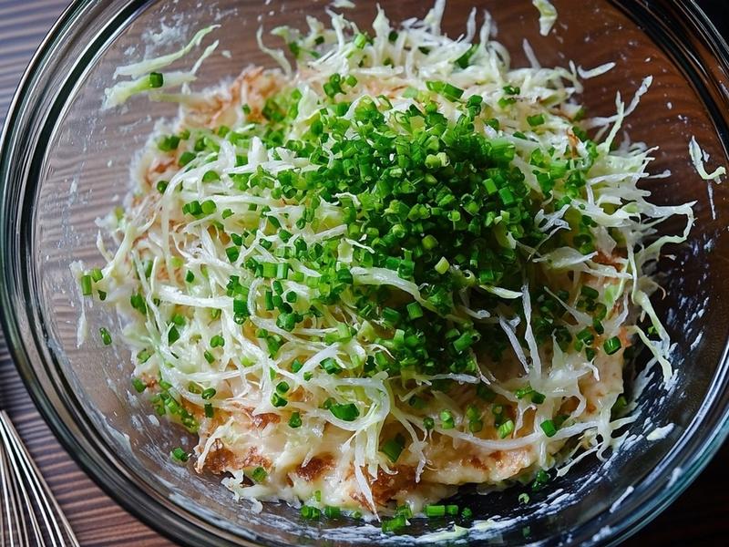 Raw okonomiyaki batter with finely shredded cabbage and scallions in a mixing bowl