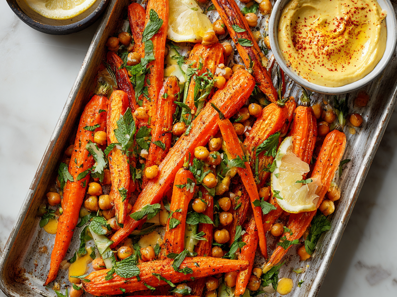 Roasted carrot hummus bowl finished with lemon yogurt sauce and optional toppings.