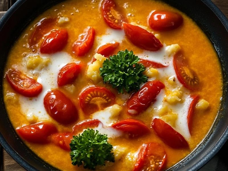 Stir in the diced tomatoes, cumin and a pinch of cayenne, then pour in the coconut milk and bring to a gentle, simmering