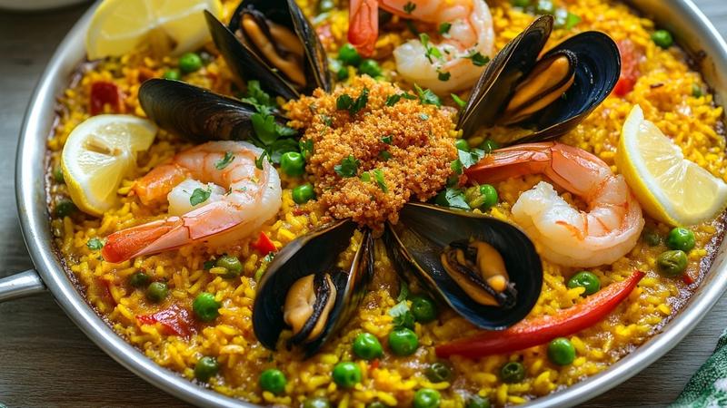 Spanish Seafood Paella with Saffron, Shrimp and Mussels