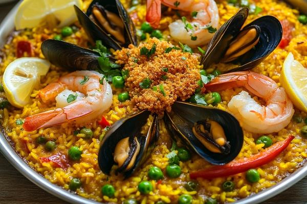 Spanish Seafood Paella with Saffron, Shrimp and Mussels