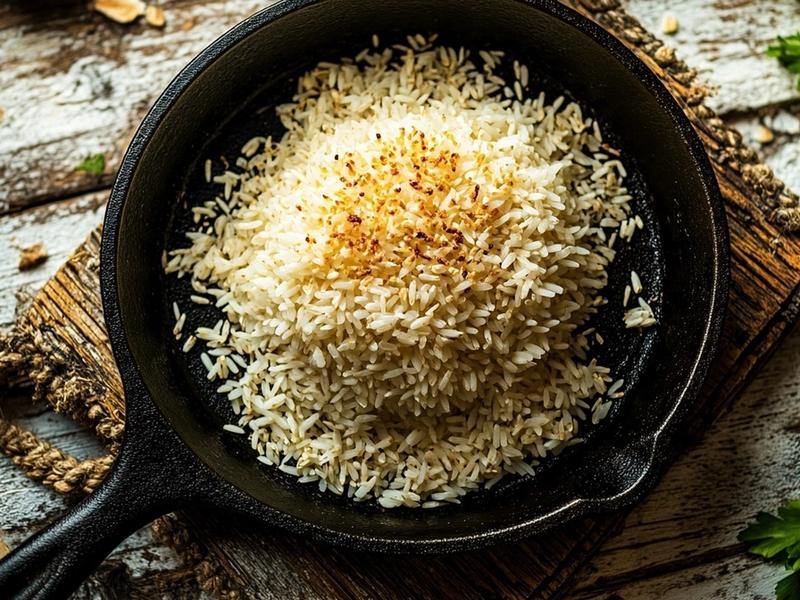 Raw uncooked white jasmine rice grains toasting to golden brown in a dry skillet, before grinding